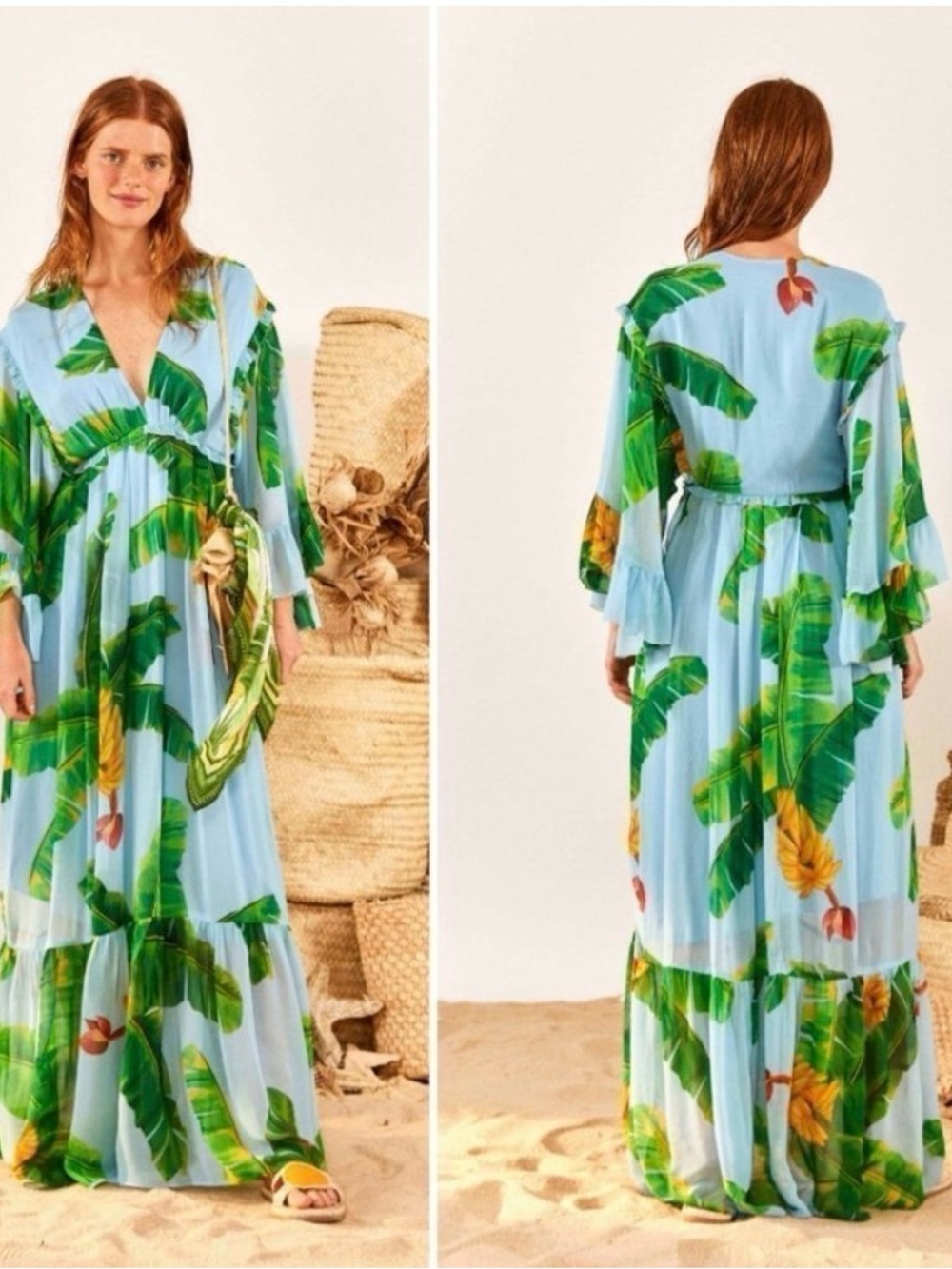 Light Blue Tropical Banana Maxi Dress with Green Leaf Print - Farm Rio - Picture 3 of 7